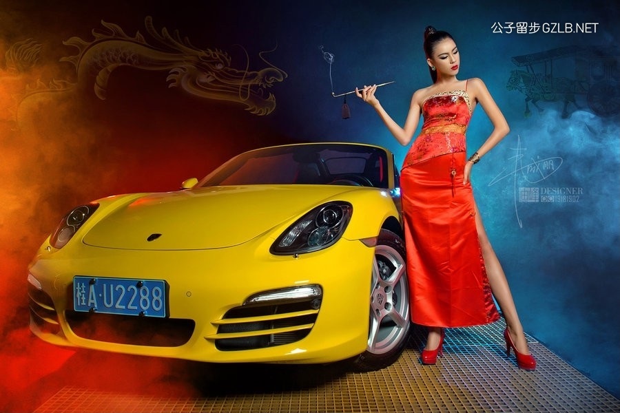 保时捷车模之中国风红色旗袍美女(第1张)