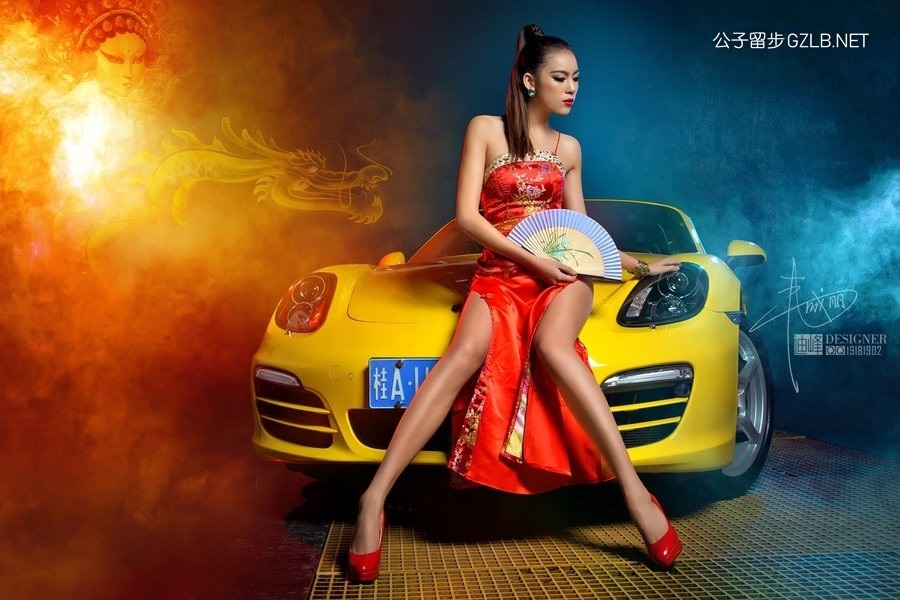 保时捷车模之中国风红色旗袍美女(第3张)